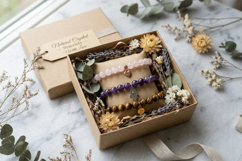 Crystal bracelet gift set featuring rose quartz, amethyst and citrine beads in artisan kraft box, handcrafted natural stone jewelry by TrueZenBeads
