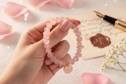 Woman holding natural rose quartz love crystal bracelet near heart with rose petals and romantic letter - traditional love symbolism guide by TrueZenBeads