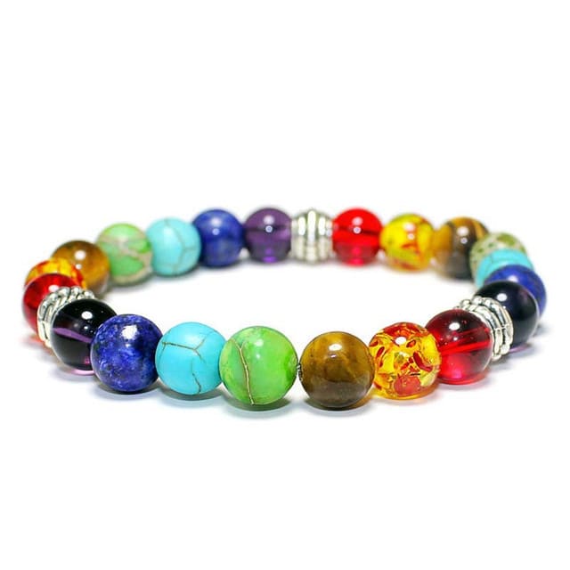 Gift-ready chakra bracelet displayed on neutral background, ideal for men and women seeking mindfulness