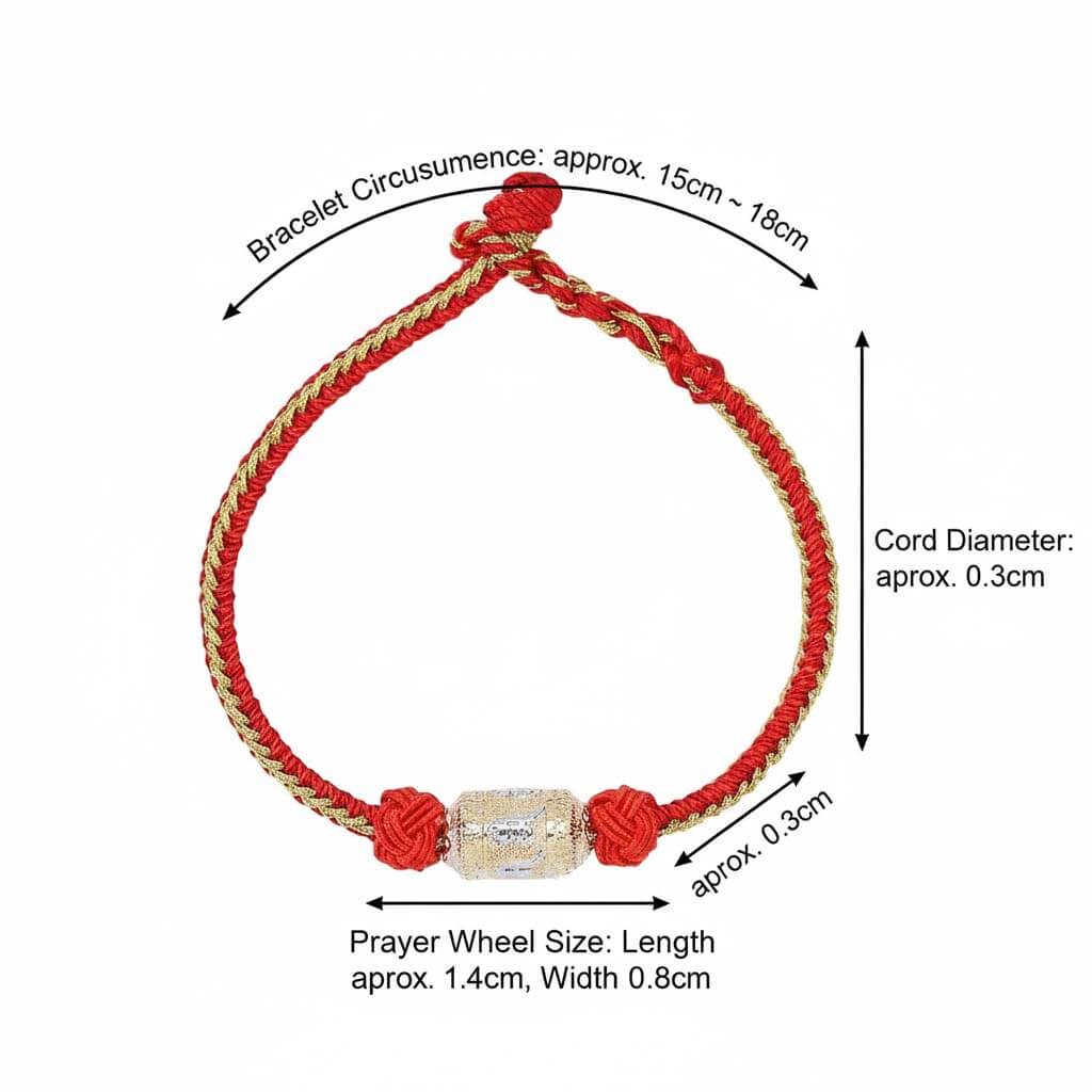 Adjustable red rope bracelet showing gold and silver prayer wheel color options side by side