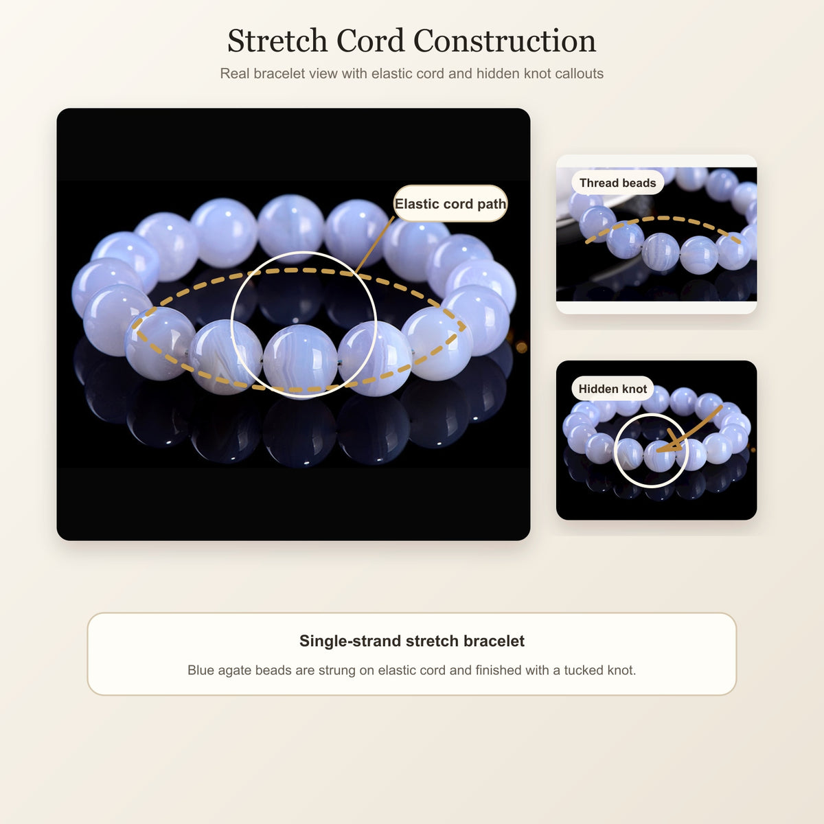 English stretch cord construction diagram for blue lace agate bracelet
