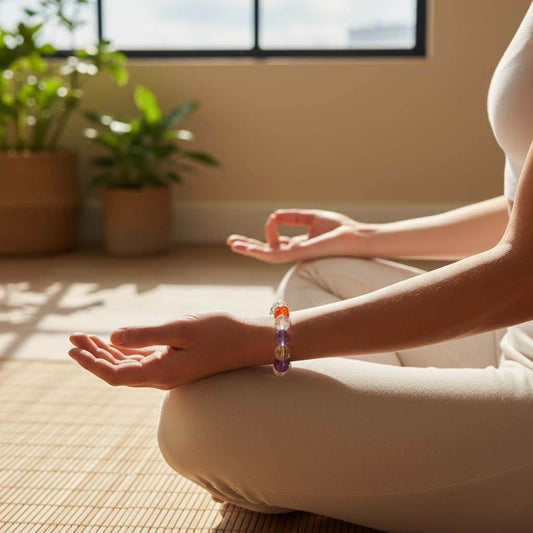 Woman wearing garden quartz chakra bracelet during morning yoga meditation practice lifestyle