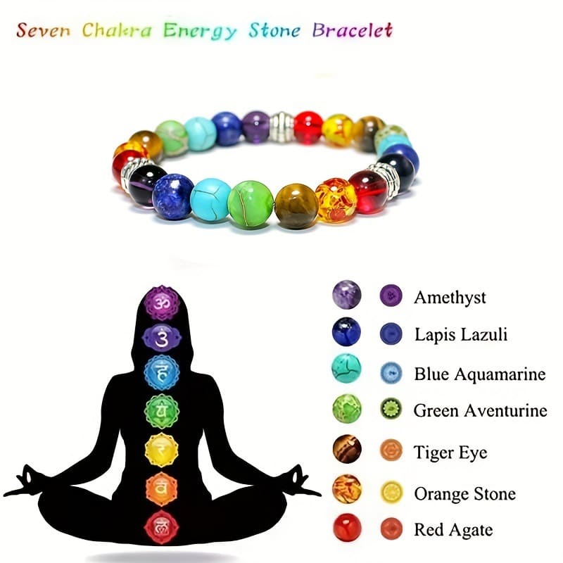 Chakra bracelet worn on wrist during yoga practice, promoting focus and emotional clarity