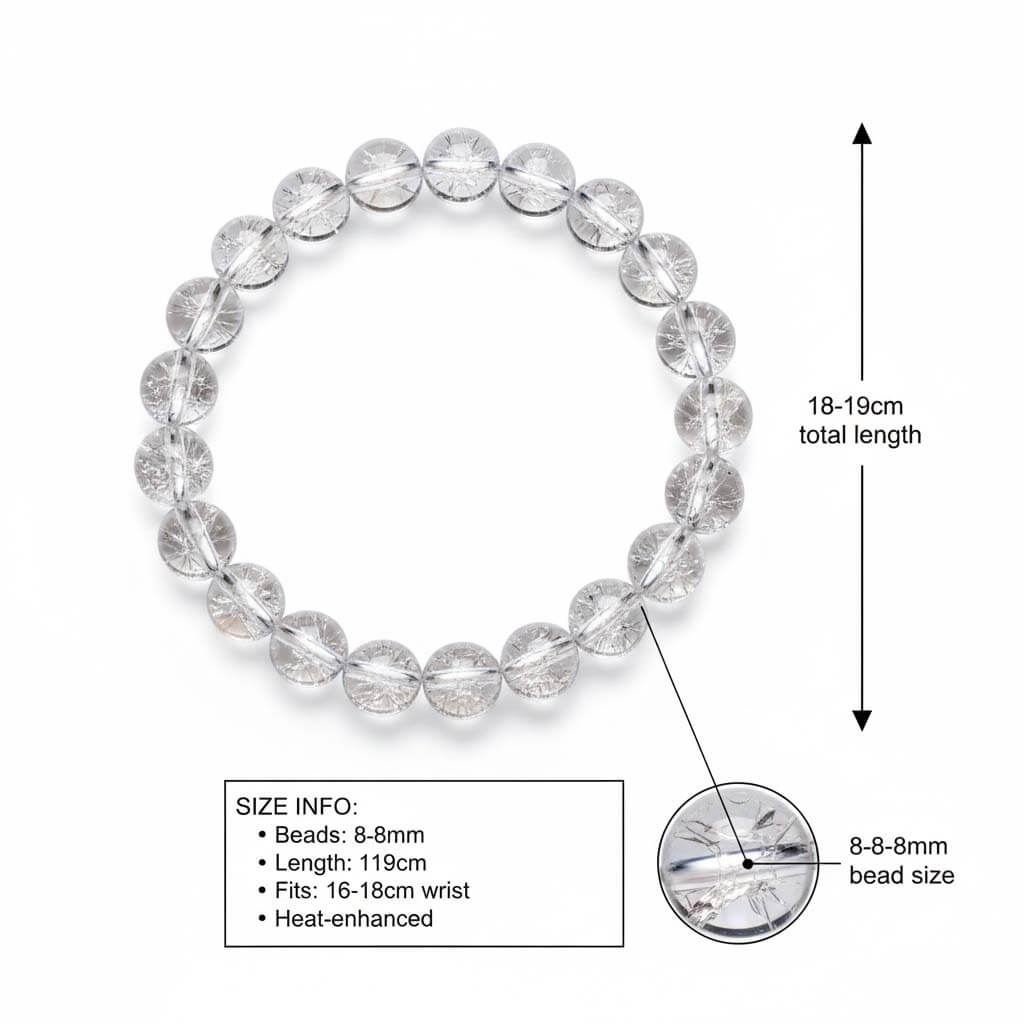 Elastic Crackled Crystal Bracelet size comparison showing five bead sizes from 7mm to 14mm