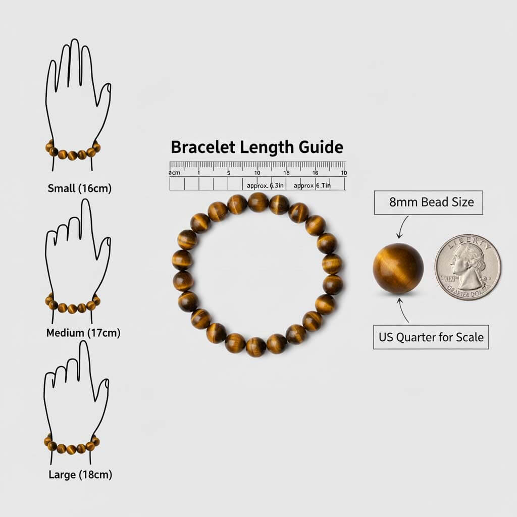 Elastic Natural Tiger Bracelet size comparison showing six bead sizes from 6mm to 16mm