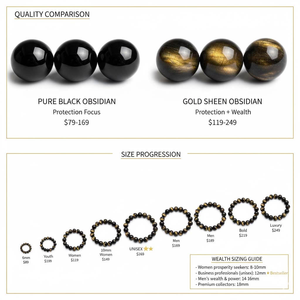 Gold sheen obsidian vs pure black obsidian comparison showing golden shimmer difference and 7 size options - wealth crystal guide