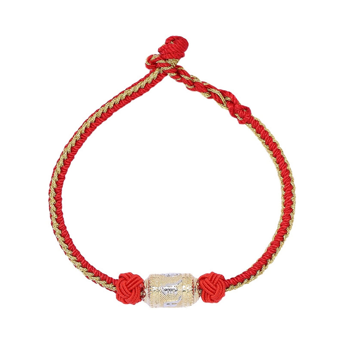 Close-up of metal bead detail on Tibetan Mantra Bracelet