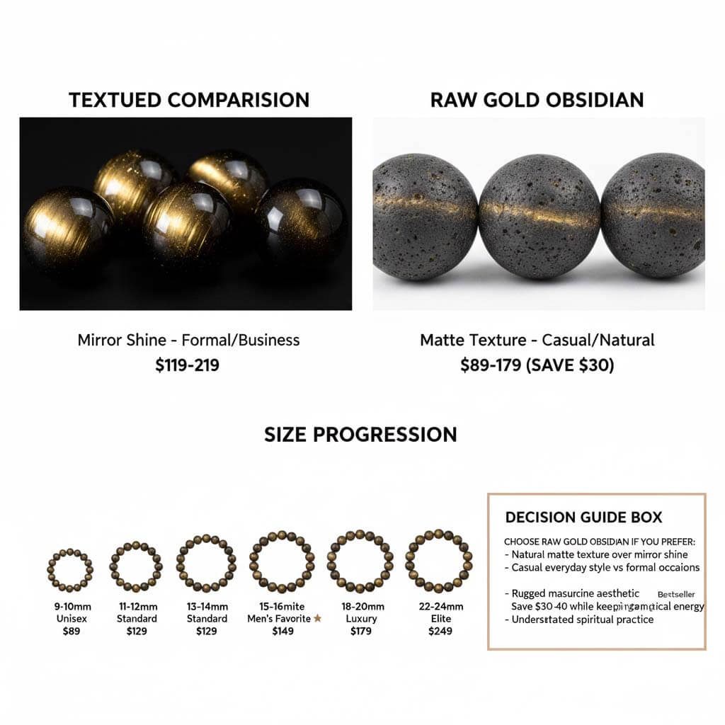 Raw matte gold obsidian vs polished gold obsidian comparison showing texture difference and 4 size options - natural stone buying guide