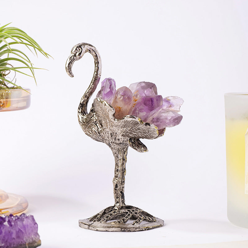 Silver swan with amethyst crystal points