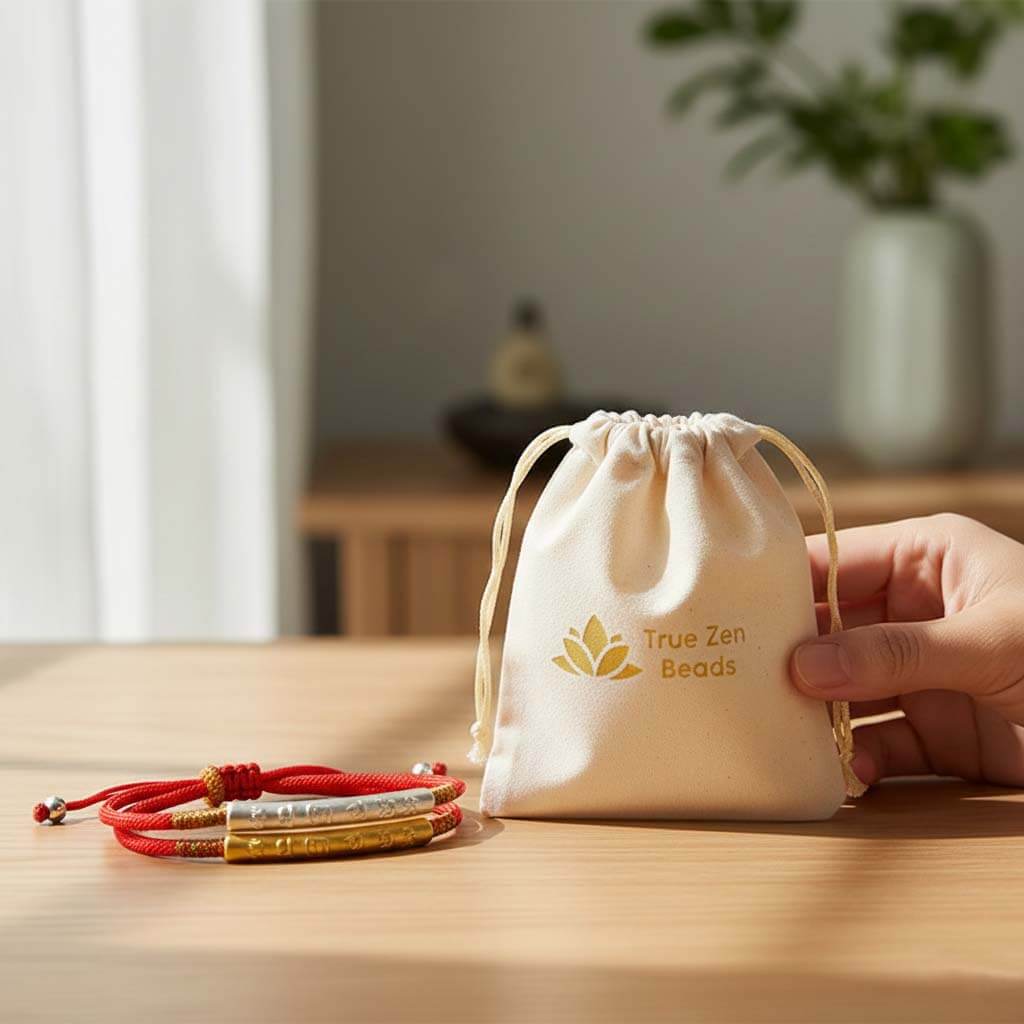 Tibetan red rope mantra bracelet displayed in TrueZenBeads branded gift bag packaging - Buddhist cultural jewelry ready for gifting