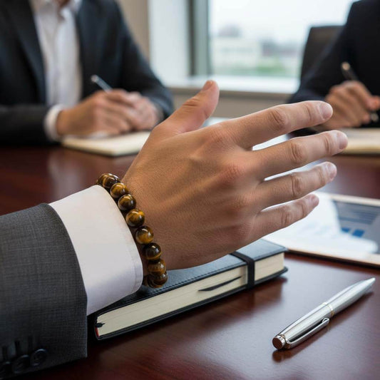 Man wearing Tiger's Eye Bracelet in professional lifestyle with confident style