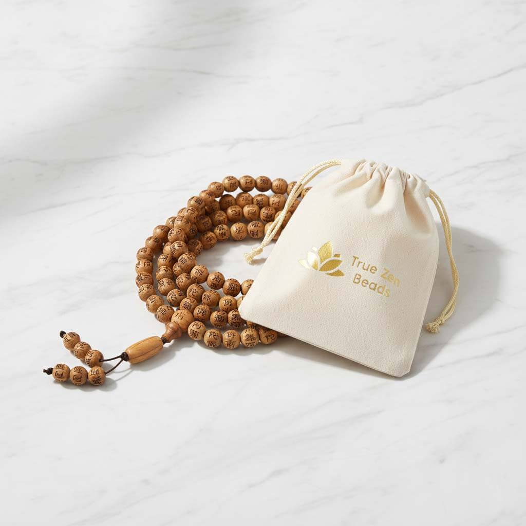 108 wood bead necklace in a signature TrueZenBeads protective pouch showing elegant artisan packaging for gift presentation