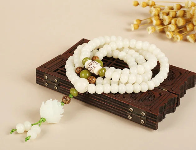 Natural Bodhi seed prayer beads bracelet with calming white jade tones
