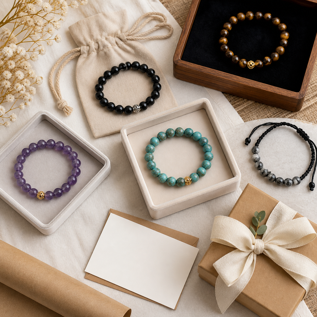 Affordable crystal bracelets gift guide flat-lay with obsidian, tiger eye, amethyst, turquoise, and gift packaging