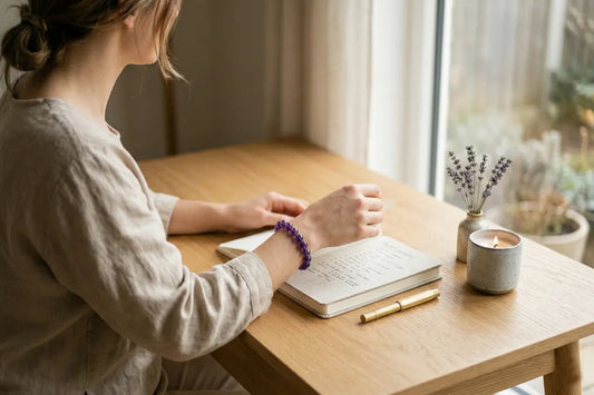Handcrafted natural amethyst bracelet worn on wrist, purple crystal gemstone jewelry for everyday style