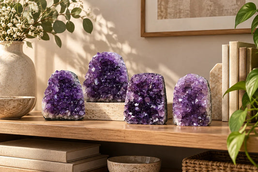 Amethyst geode decor guide with purple crystal clusters styled on a living room shelf