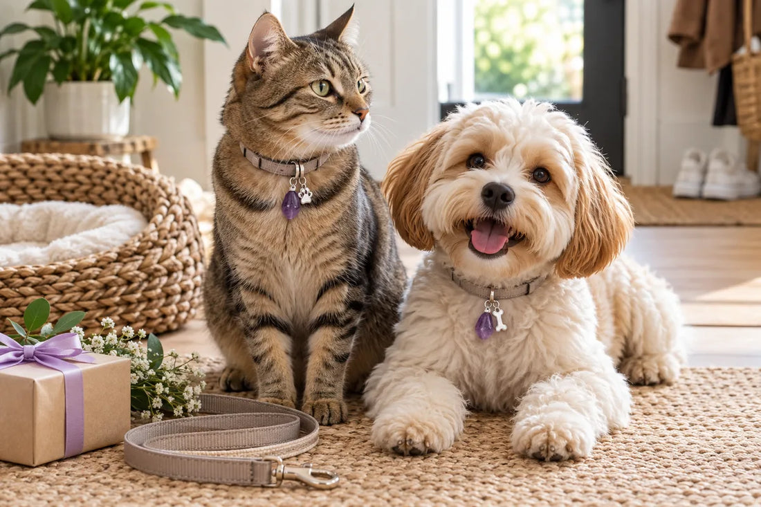 Amethyst pet collar charm styled as a gift for a cat and small dog