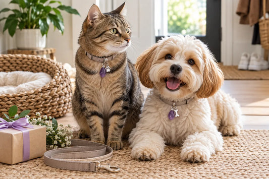 Amethyst pet collar charm styled as a gift for a cat and small dog