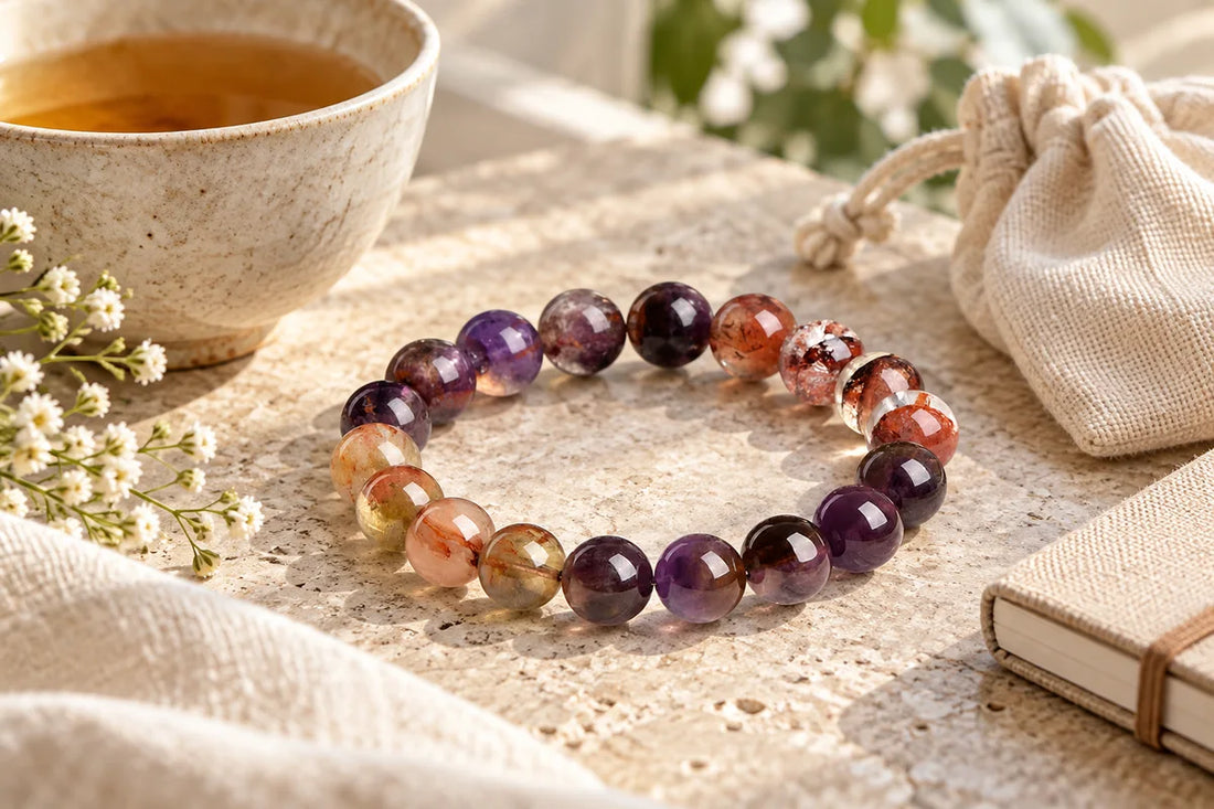 Auralite 23 Super Seven crystal bead bracelet guide with purple gold inclusion beads in a calm lifestyle scene