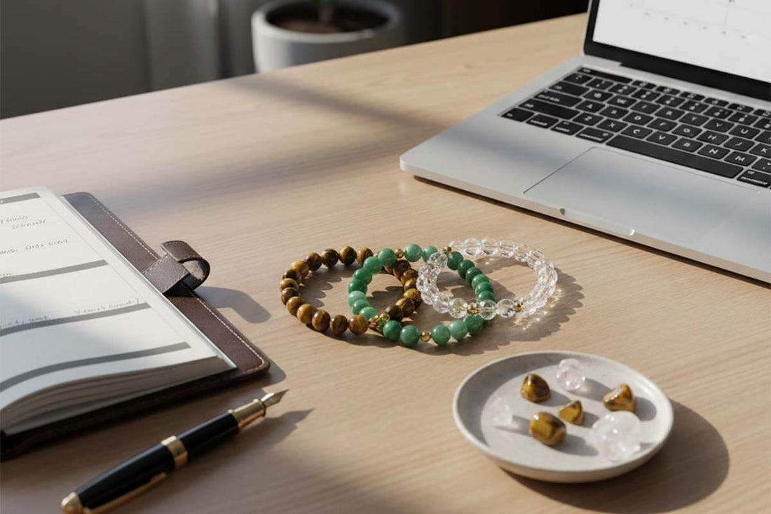 Traditional career success crystal collection featuring natural tiger eye citrine and jade bracelets displayed on professional workspace for cultural education