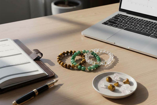 Traditional career success crystal collection featuring natural tiger eye citrine and jade bracelets displayed on professional workspace for cultural education