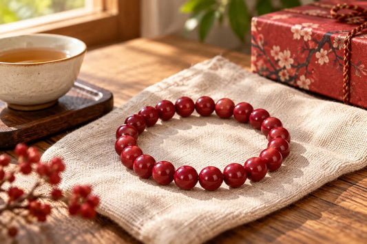 Cinnabar style red beaded stretch bracelet guide with red bracelet on clean background