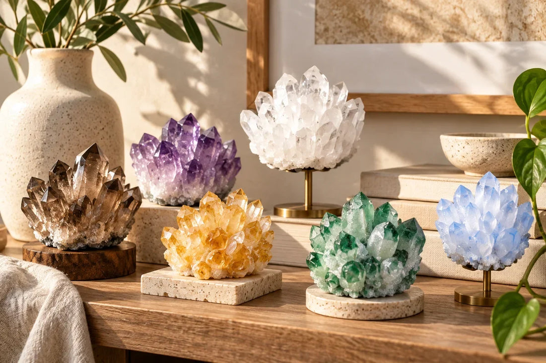 Crystal cluster decor guide with raw quartz specimens styled on a living room shelf