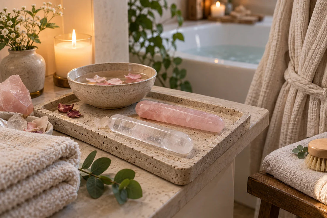 Crystal massage wand styled for an external self-care spa ritual