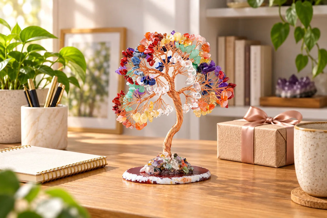 Crystal money tree decor guide with gemstone bonsai styled on a warm home office desk