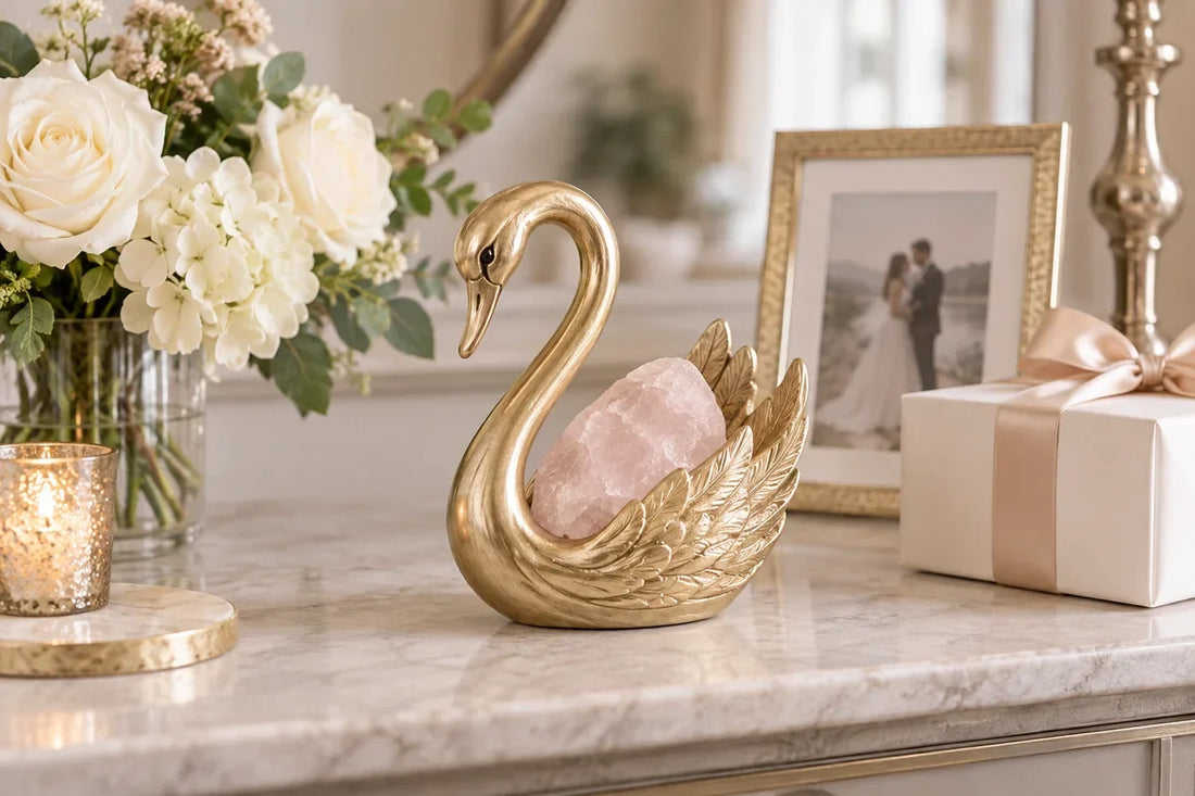Crystal swan figurine styled as a wedding or anniversary gift