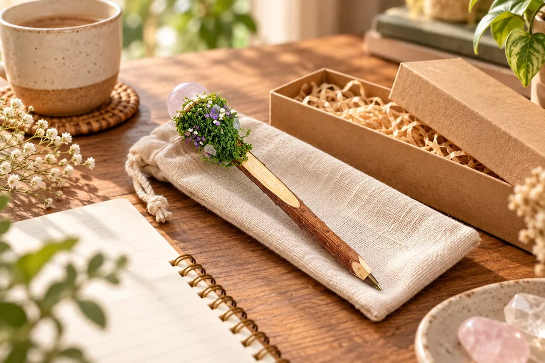 Crystal wood ballpoint pen gift guide with handmade pen styled beside journal gift box and pouch