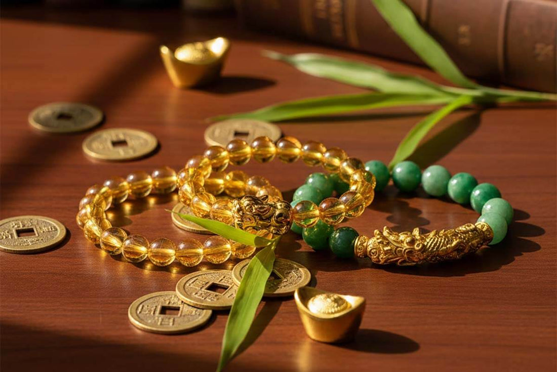 Traditional abundance crystals including citrine, tiger eye, and jade arranged with golden coins and prosperity symbols in warm lighting