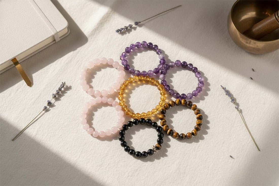 Choose crystals by intention guide featuring handcrafted gemstone bracelets in mandala arrangement