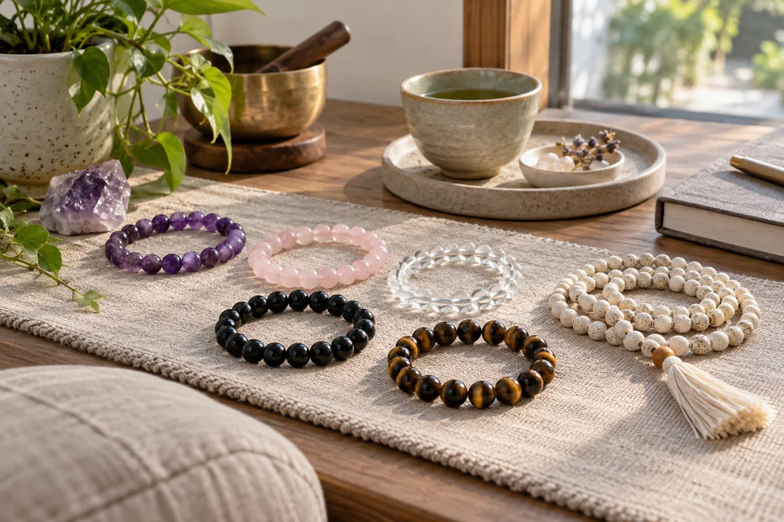 Amethyst rose quartz clear quartz and bodhi mala arranged for calming meditation practices