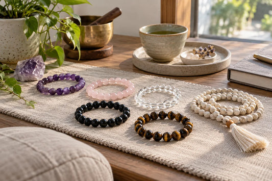 Amethyst rose quartz clear quartz and bodhi mala arranged for calming meditation practices