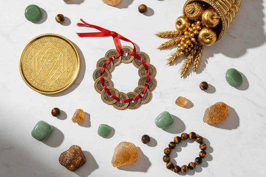 Traditional abundance symbols from Chinese, Indian and Western cultures with natural gemstones on marble
