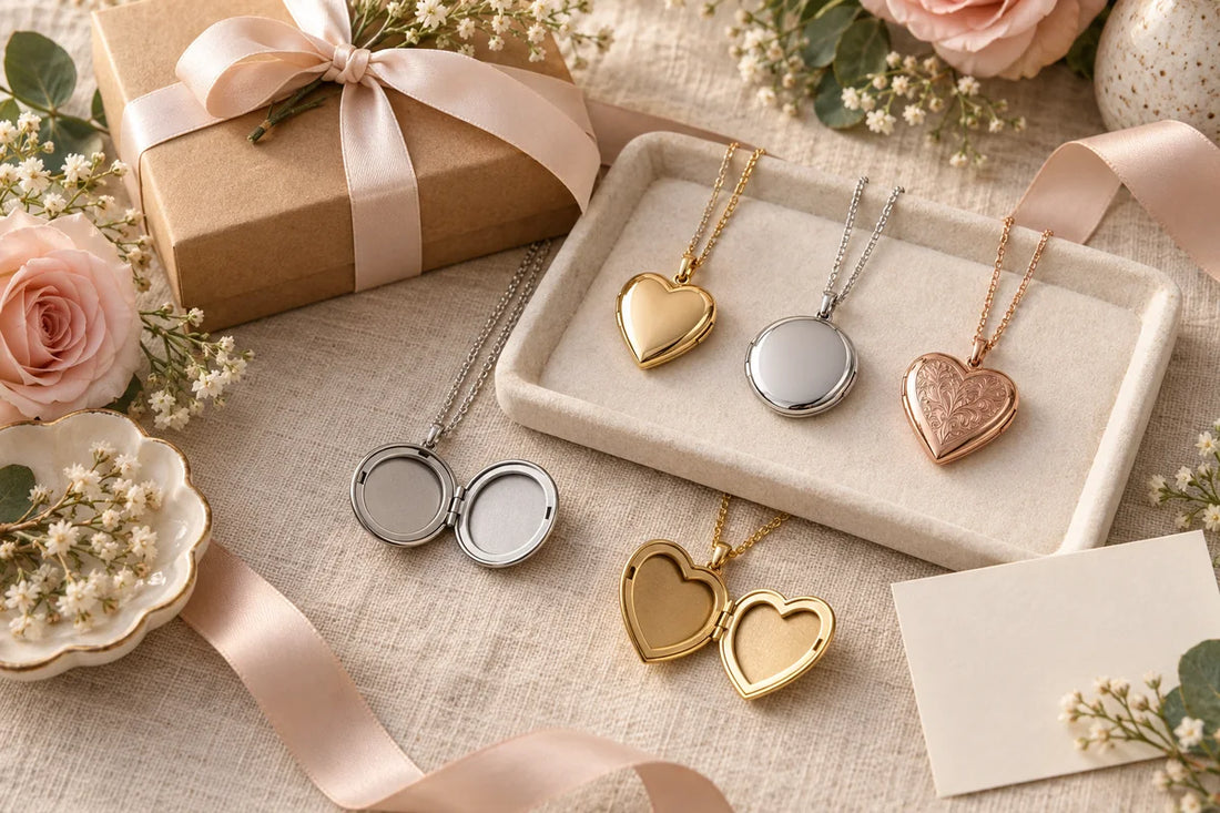 Custom photo locket necklace gift guide with heart and round lockets in silver gold and rose gold