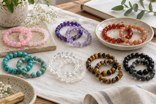 Dyed crystals fading guide with natural stone bracelets in rose quartz amethyst agate turquoise clear quartz tiger eye and obsidian
