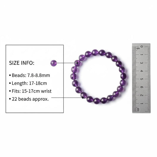 Elastic purple crystal bracelet size comparison showing nine bead sizes from 4mm to 12mm