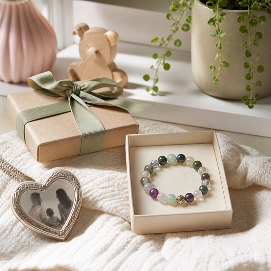Safety-first feng shui baby and kids gift setup with locket, boxed bracelet, plant, and keepsake box