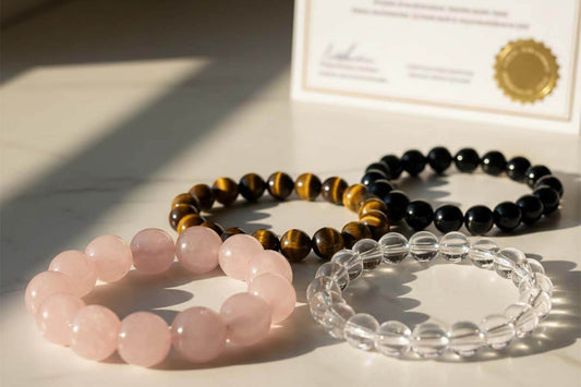 Collection of genuine natural crystal bracelets including rose quartz, tiger eye, and obsidian with certificate of authenticity on marble surface