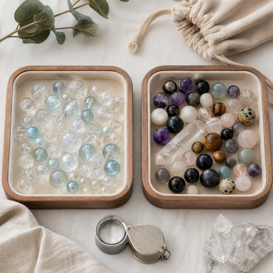 Glass vs crystal beads comparison with clear glass-style beads, natural crystal beads, loupe, and cotton pouch