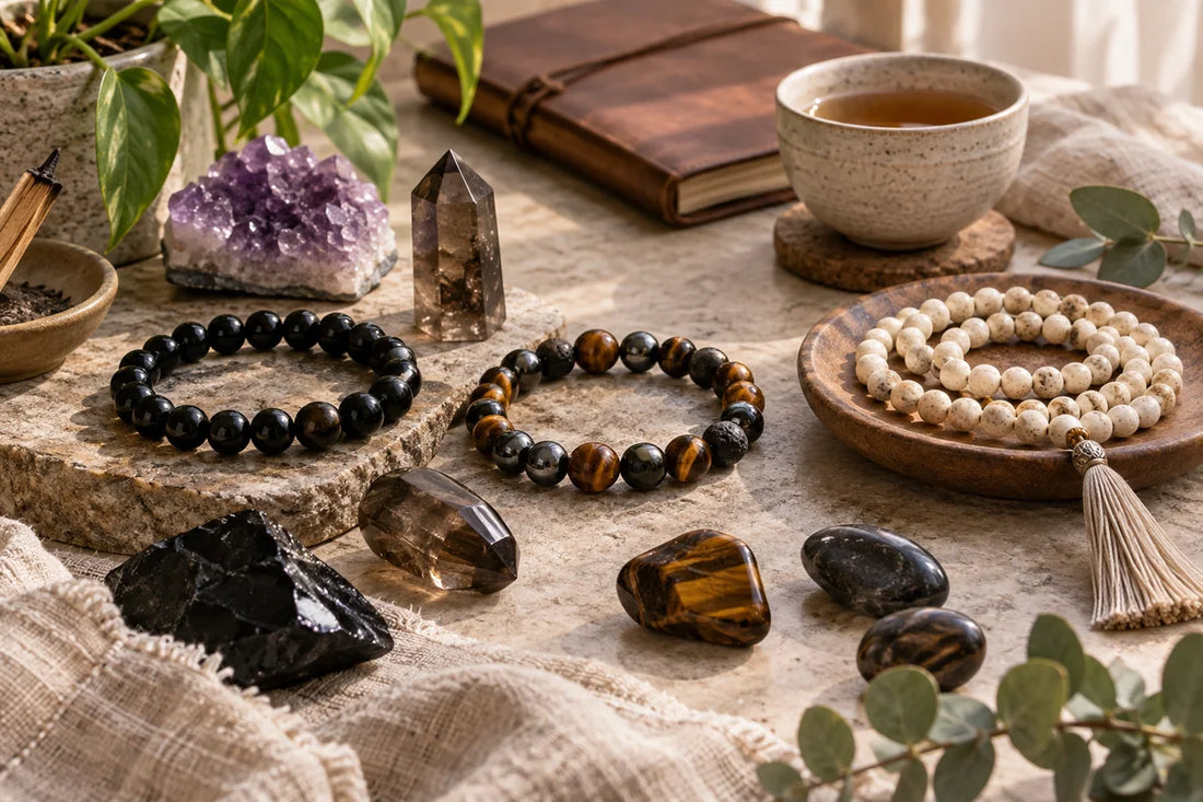 Grounding crystals guide with black obsidian tiger eye white bodhi mala and smoky quartz