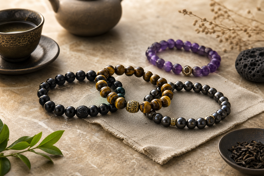 Grounding stones guide cover image with artisan black obsidian, tiger eye, amethyst, and metallic mineral bead bracelets