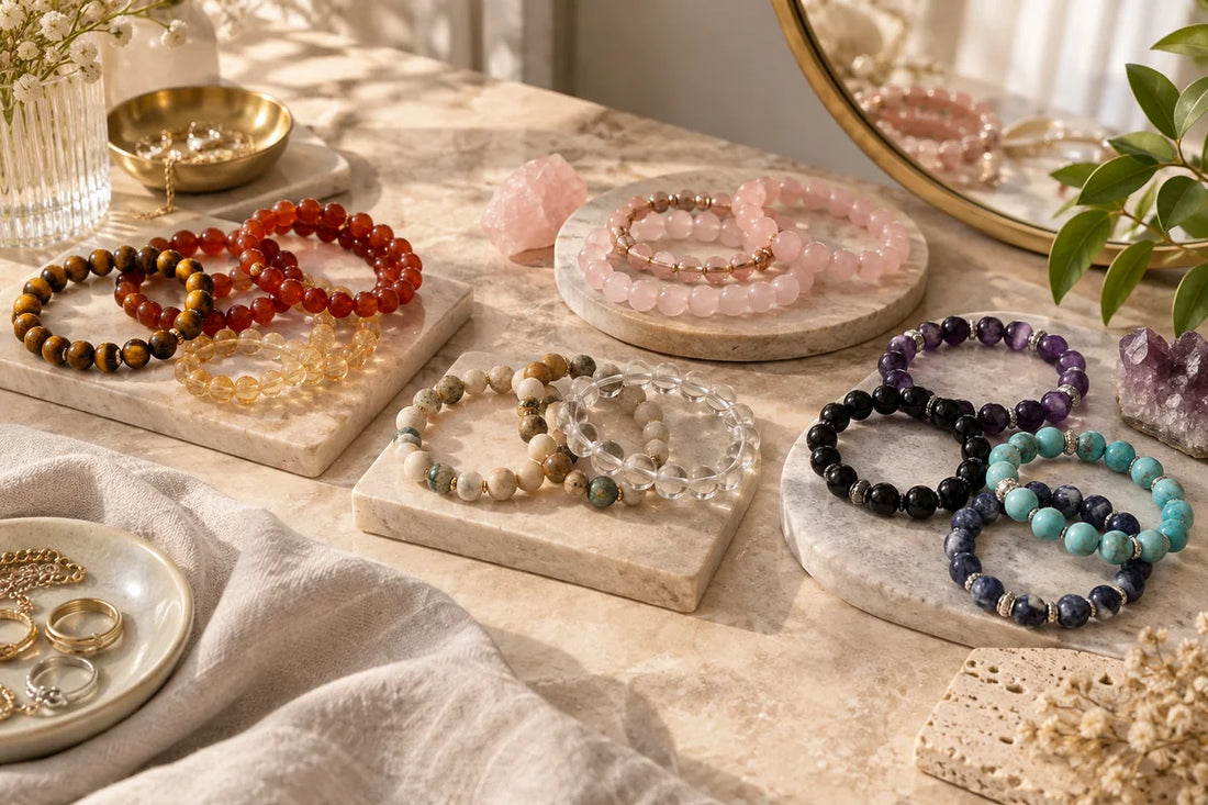 Jewelry for skin tone guide with crystal bracelets arranged by warm cool and neutral color families