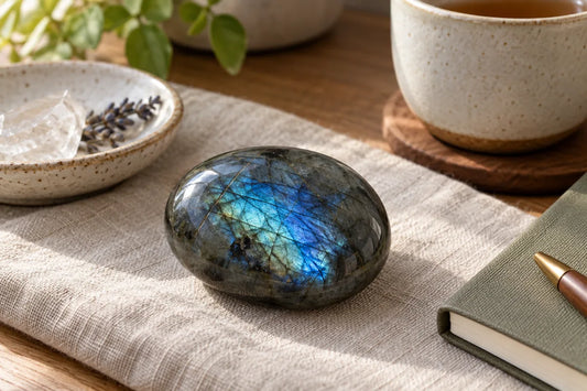 Labradorite palm stone with blue flash styled on a quiet writing desk