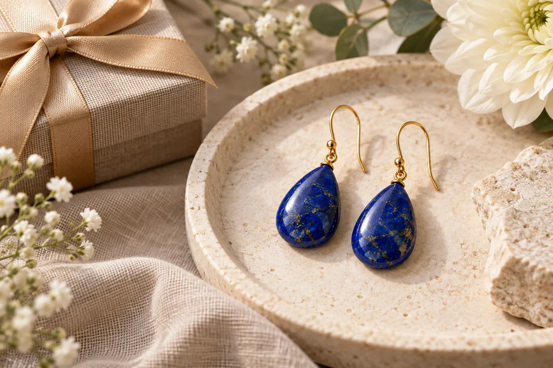 Lapis lazuli earrings gift and styling guide with blue stone drops and gold plated hooks