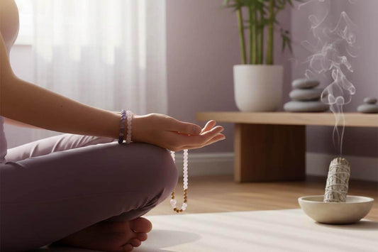 Serene woman practicing crystal meditation with natural amethyst and rose quartz bracelets in peaceful wellness space - TrueZenBeads relaxation guide