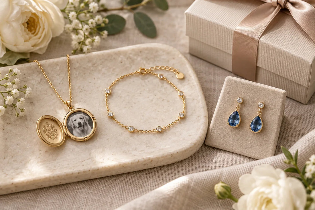 Necklace vs bracelet vs earrings gift guide with keepsake necklace bracelet and blue stone earrings