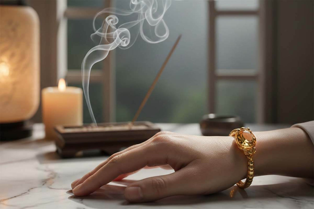 Hand wearing citrine Pixiu bracelet during traditional activation ritual with moonlight and meditation setup